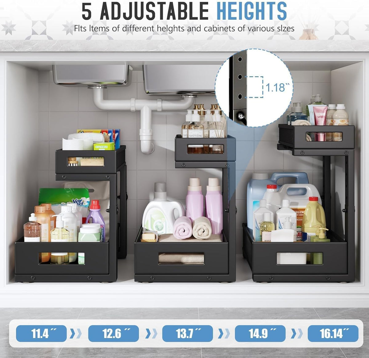 2-Pack Under Sink Storage Organizer, Large 2-Tier Elegant Mesh Pull Out Shelf for Kitchen and