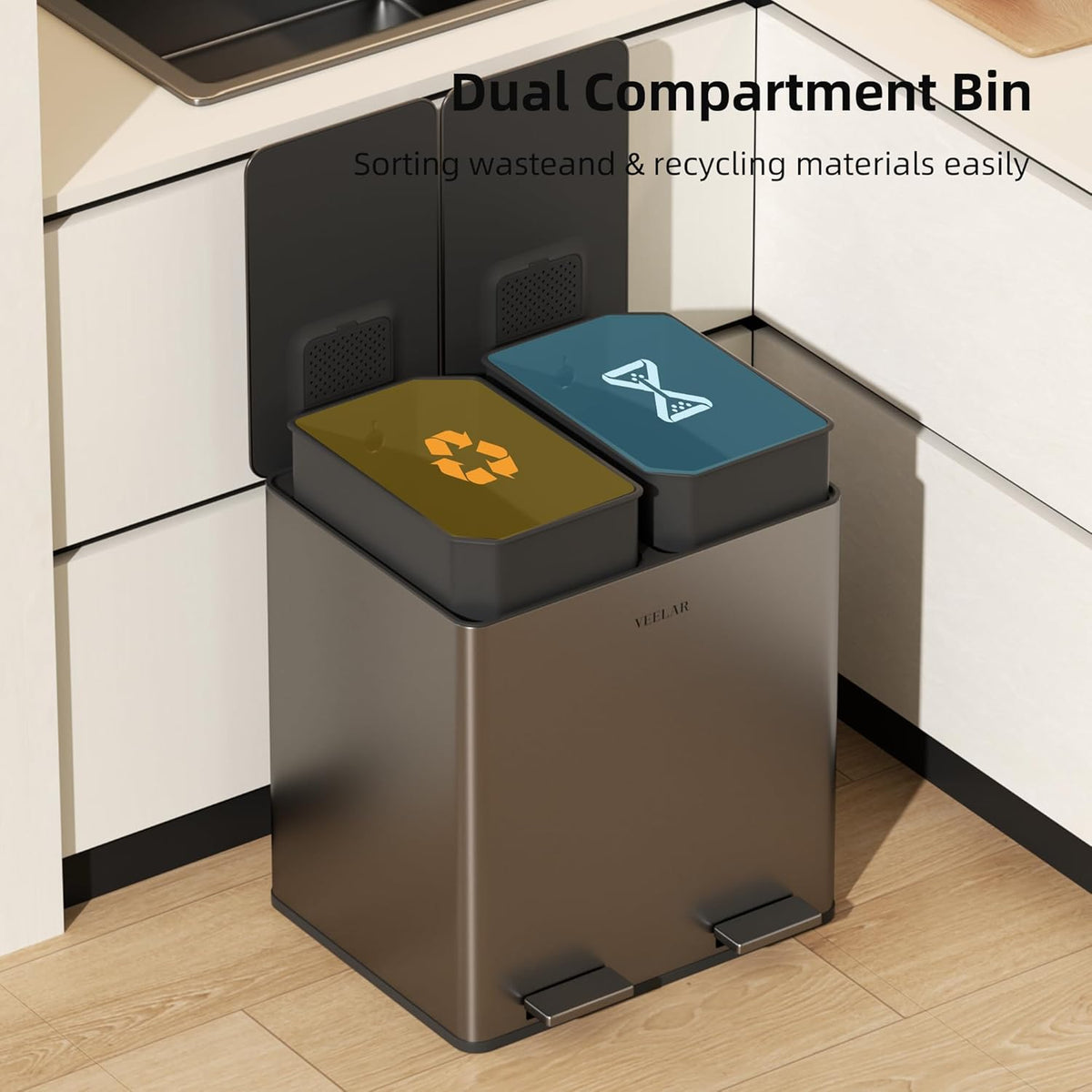 Kitchen Dual Trash Can - Double Touchless Garbage Bins 2 x 4 Gallon (2 x 15 L) with Lid, Stainless