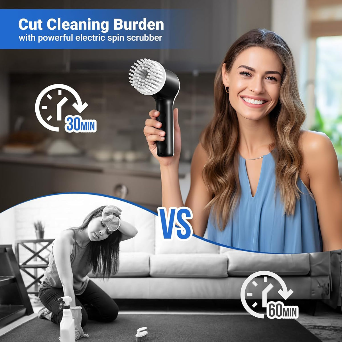 Electric Spin Scrubber, Cordless Shower Scrubber with Battery Level Display, 2 Speeds Electric