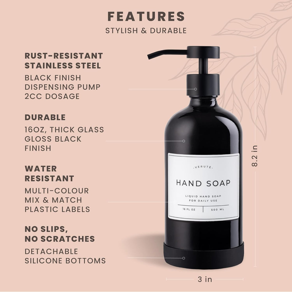 16oz Glass Soap Dispenser with Stainless Steel Pump, 21 Waterproof Labels, Non-Slip Protective