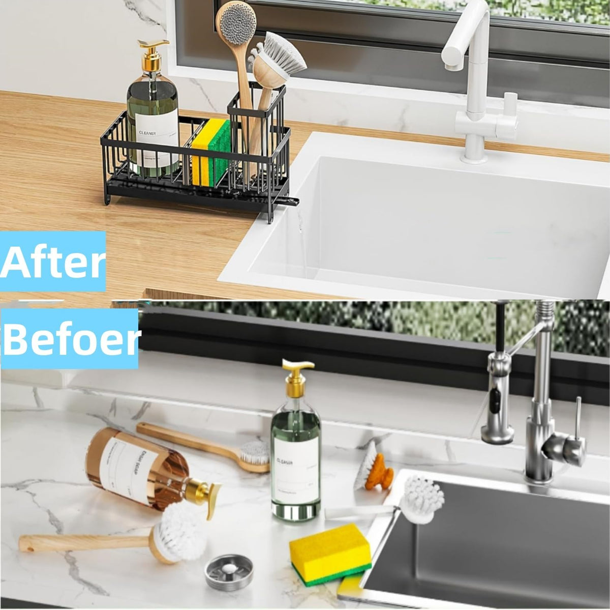 Sponge Holder for Kitchen Sink, Stainless Steel Sink Caddy with Auto Drain Tray, Kitchen Organizer