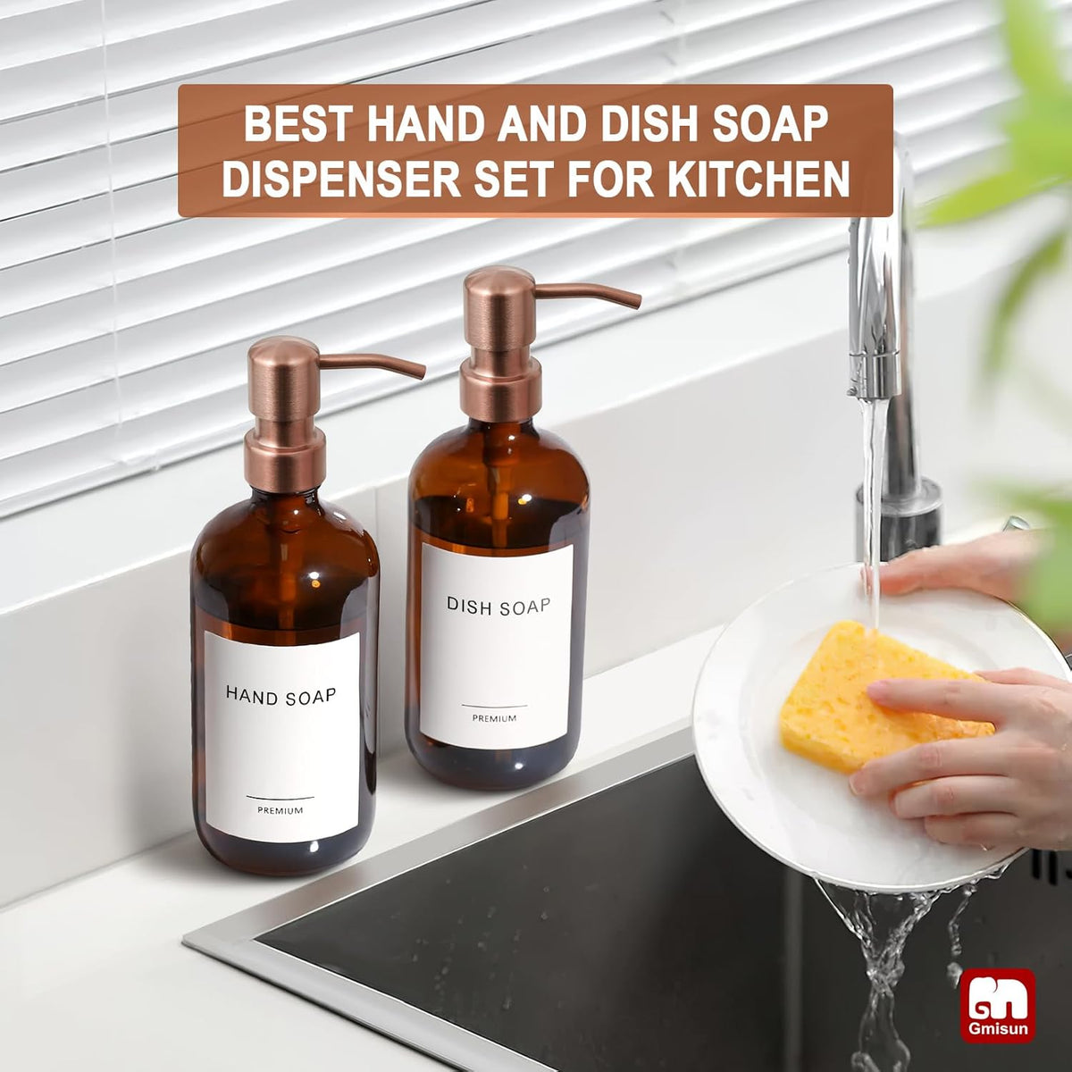 GMISUN Amber Glass Soap Dispenser, 2 Pack Bathroom Hand Soap Dispensers with Rose Gold Pump, 17 Fl