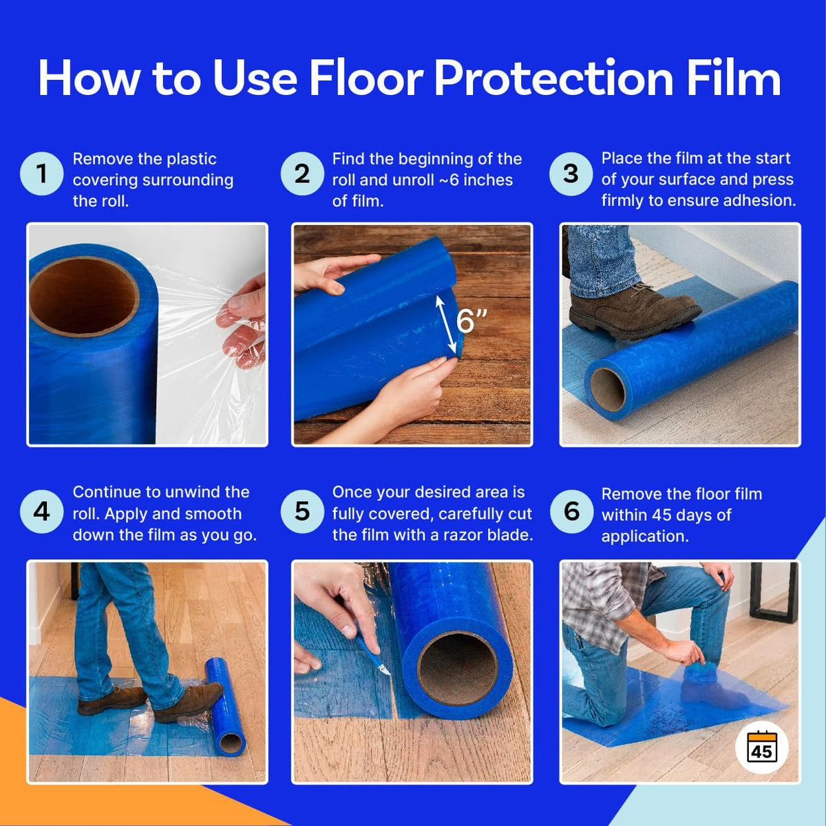 Floor Protection Film, 48" x 200', Made in USA, Blue Self Adhesive Floor Protector Tape for Moving