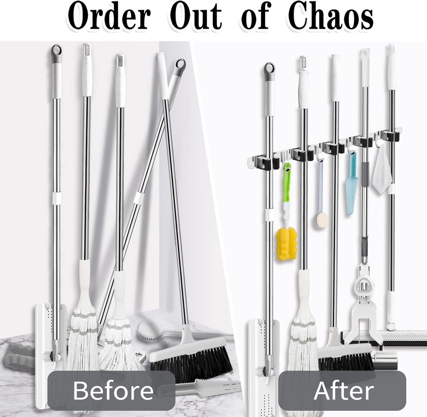 2 Pack Mop and Broom Holder Wall Mount, 5 Racks and 4 Hooks Broom Organizer Storage Tool Racks