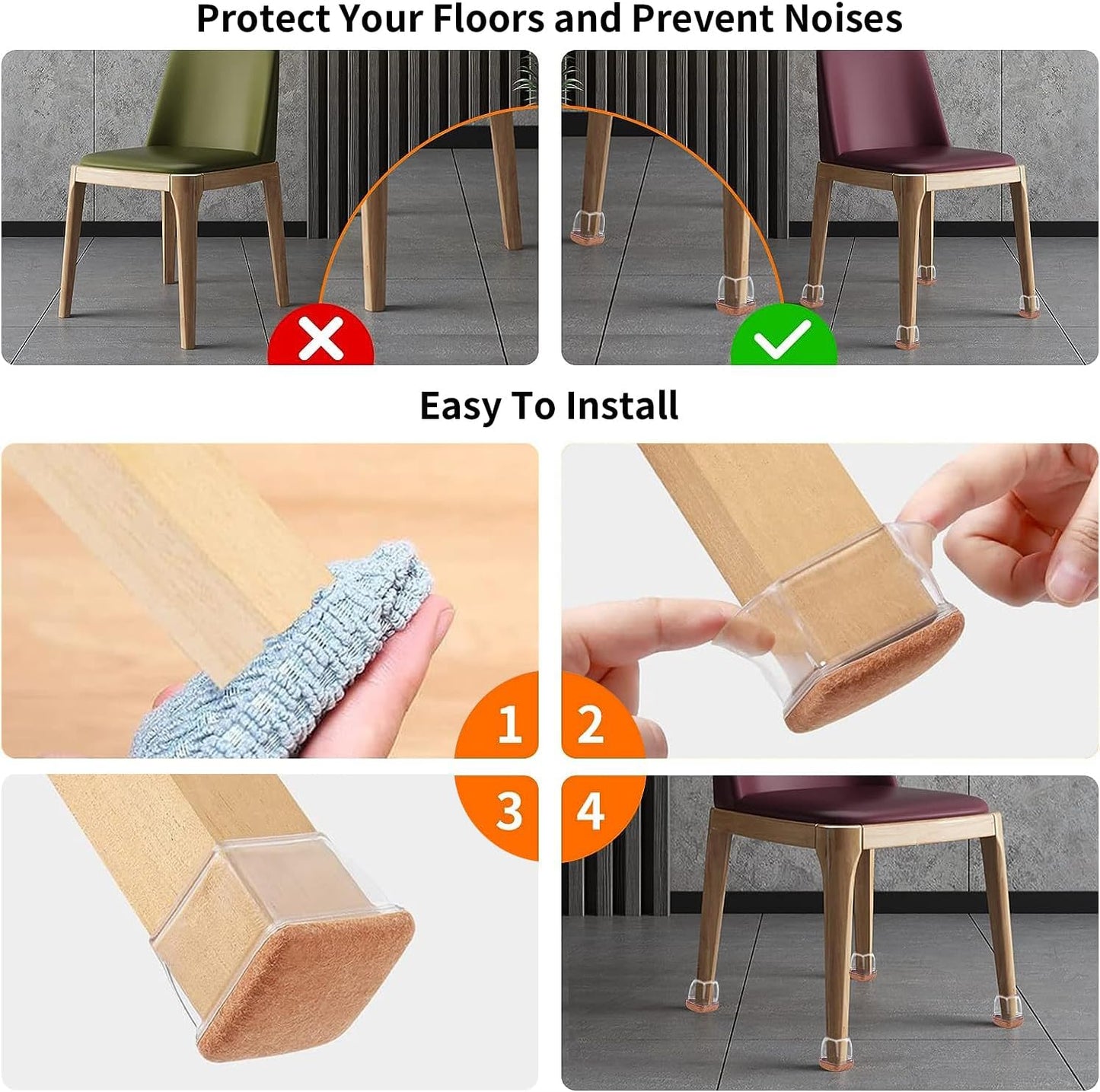 Ezprotekt 24 Pcs XL Square Clear Chair Leg Floor Protectors, Silicone Felt Furniture Pads Caps for