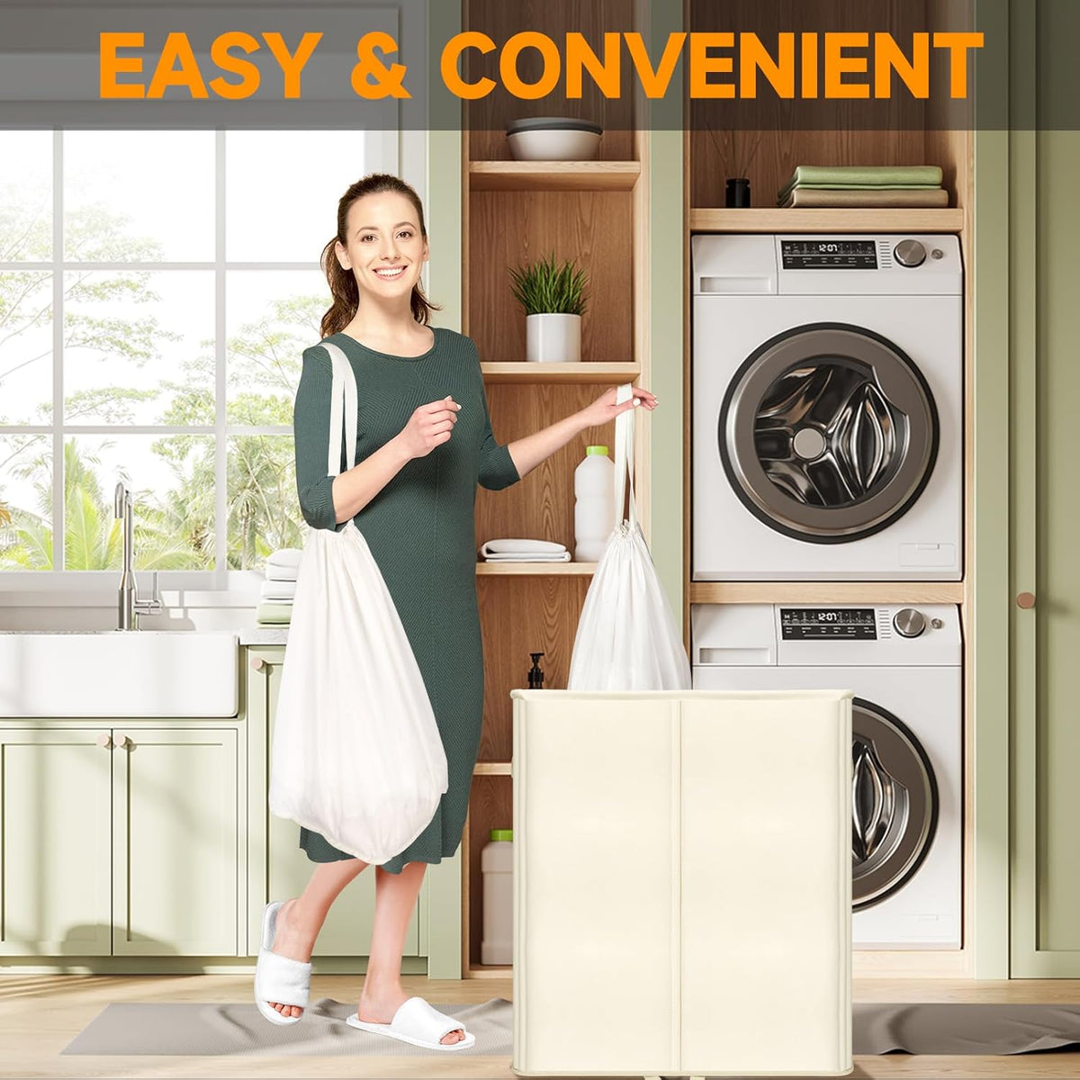 150L Double Laundry Hamper with Lid and Removable Bags,28in Tall Laundry Basket 2 Section,Large
