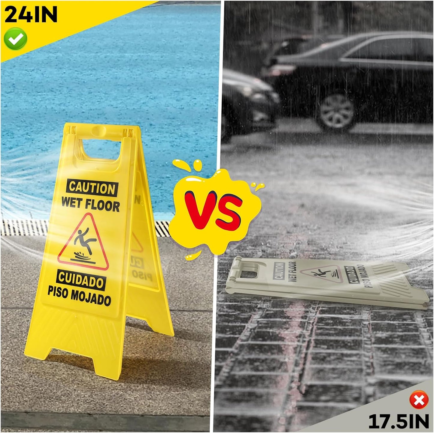 XPCARE 24 Inches Caution Wet Floor Sign, 3PCAK Yellow Bilingual Double-Sided Safety Warning Signs,A