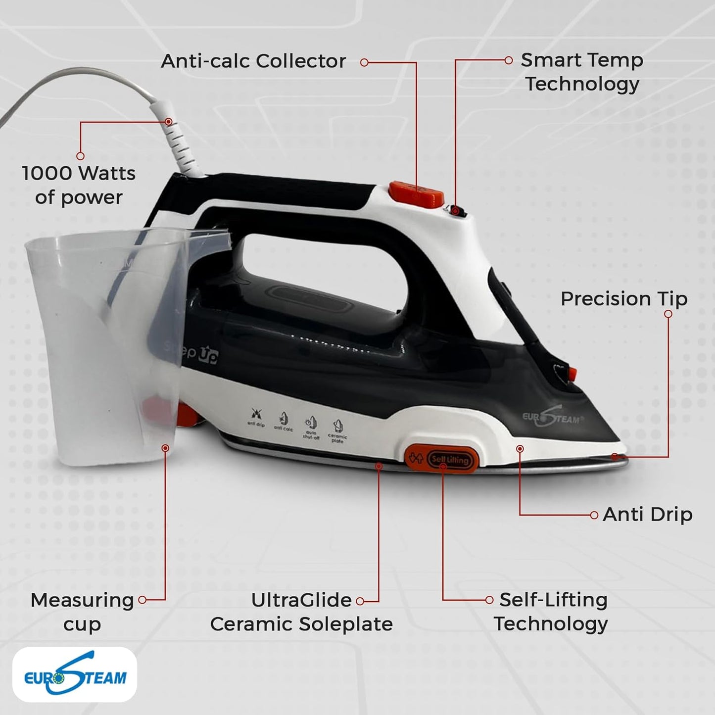 Eurosteam Step Up Iron - Self-Lifting Smart Iron with Ceramic Soleplate - Auto-Lift Safety & Smart
