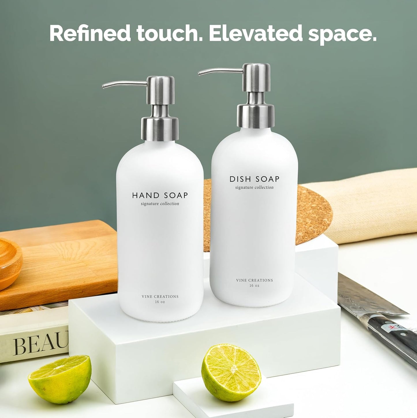 Vine Creations White Glass Soap Dispenser Set, Dish Soap and Hand Soap Dispenser Set with Stainless