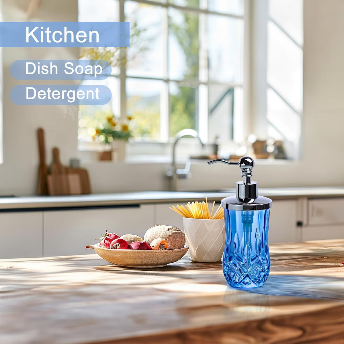 9Oz Diamond Grid Pattern Blue Glass Soap Dispenser with Rust Proof Stainless Steel Pump,Refillable