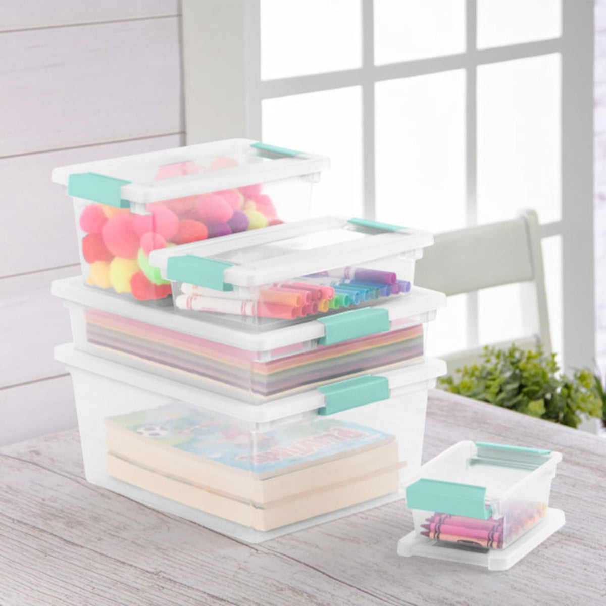 Sterilite 12-Pack Clip Box, Stackable Clear Plastic Bins with Latching Lids, Deep - Writing, Arts
