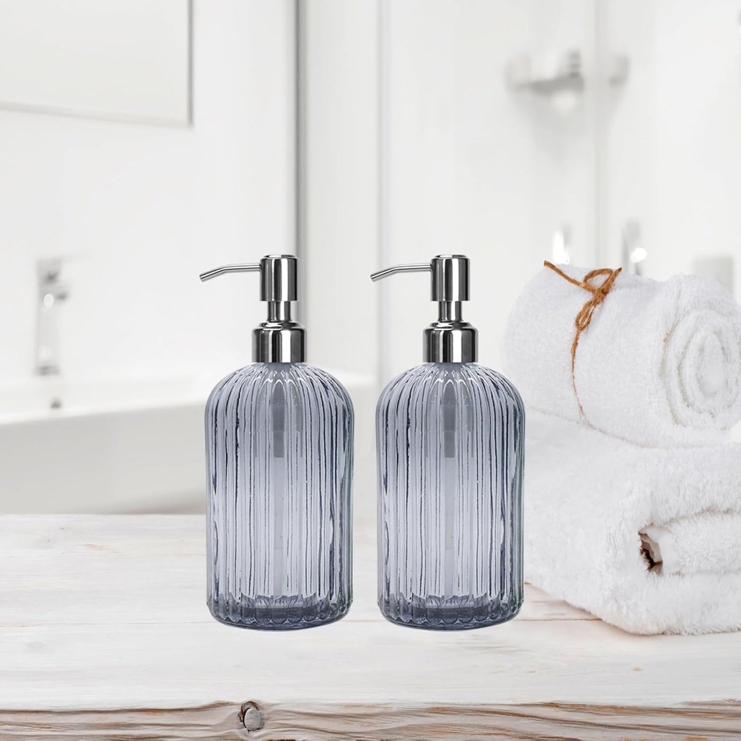 Grey Glass Soap Dispenser 18 oz, 2 Pack Hand Dish Soap Dispensers Bathroom with Stainless Steel