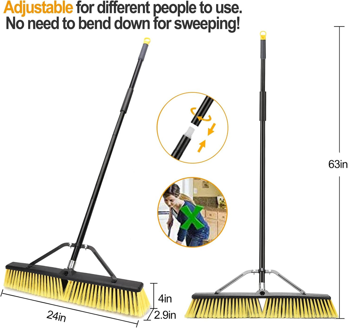24 Inches Push Broom Outdoor Heavy Duty Broom with 63" Long Handle for Deck Driveway Garage Yard