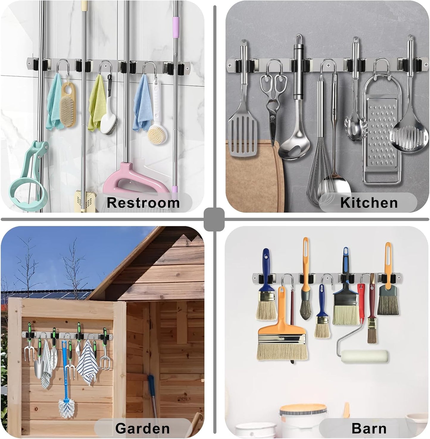 Mop Broom Holder Wall Mount, Silver Stainless Steel Tool Storage Organizer for Kitchen Garden