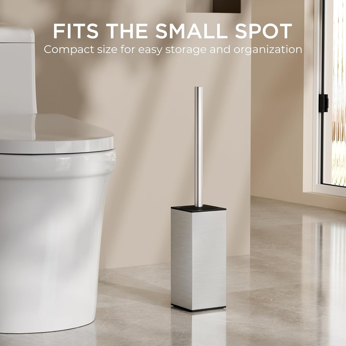 FORIOUS Toilet Brush and Holder Set, Heavy Duty 304 Stainless Steel Base Square and Long Handle for