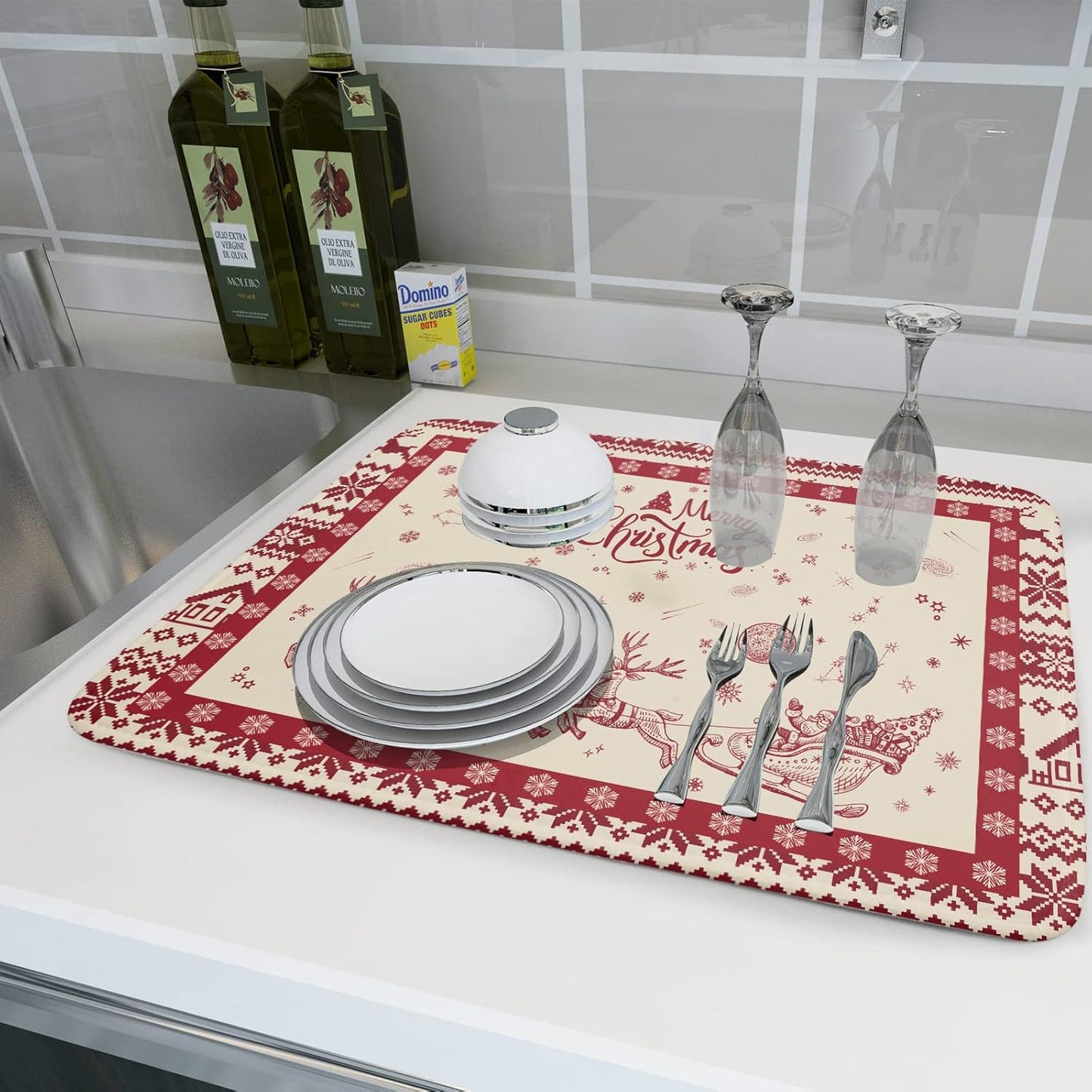 Christmas Moose Dish Drying Mat 18x24 for Winter Santa Claus Kitchen Counter Decor Absorbent