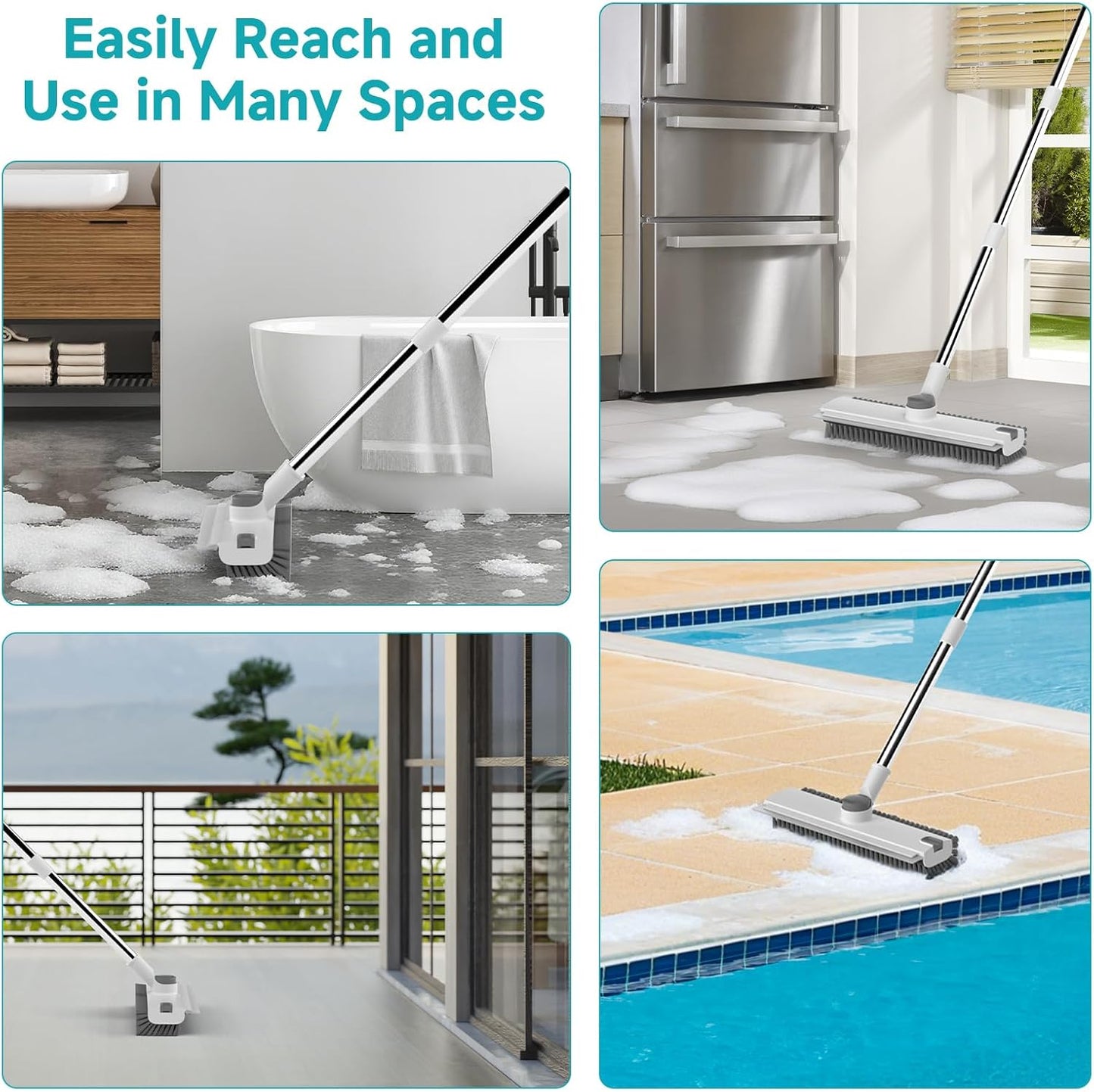 Floor Scrub Brush with Long Handle Length Adjustable, 3 in 1 Heavy-Duty Stiff 90° Bristle Floor