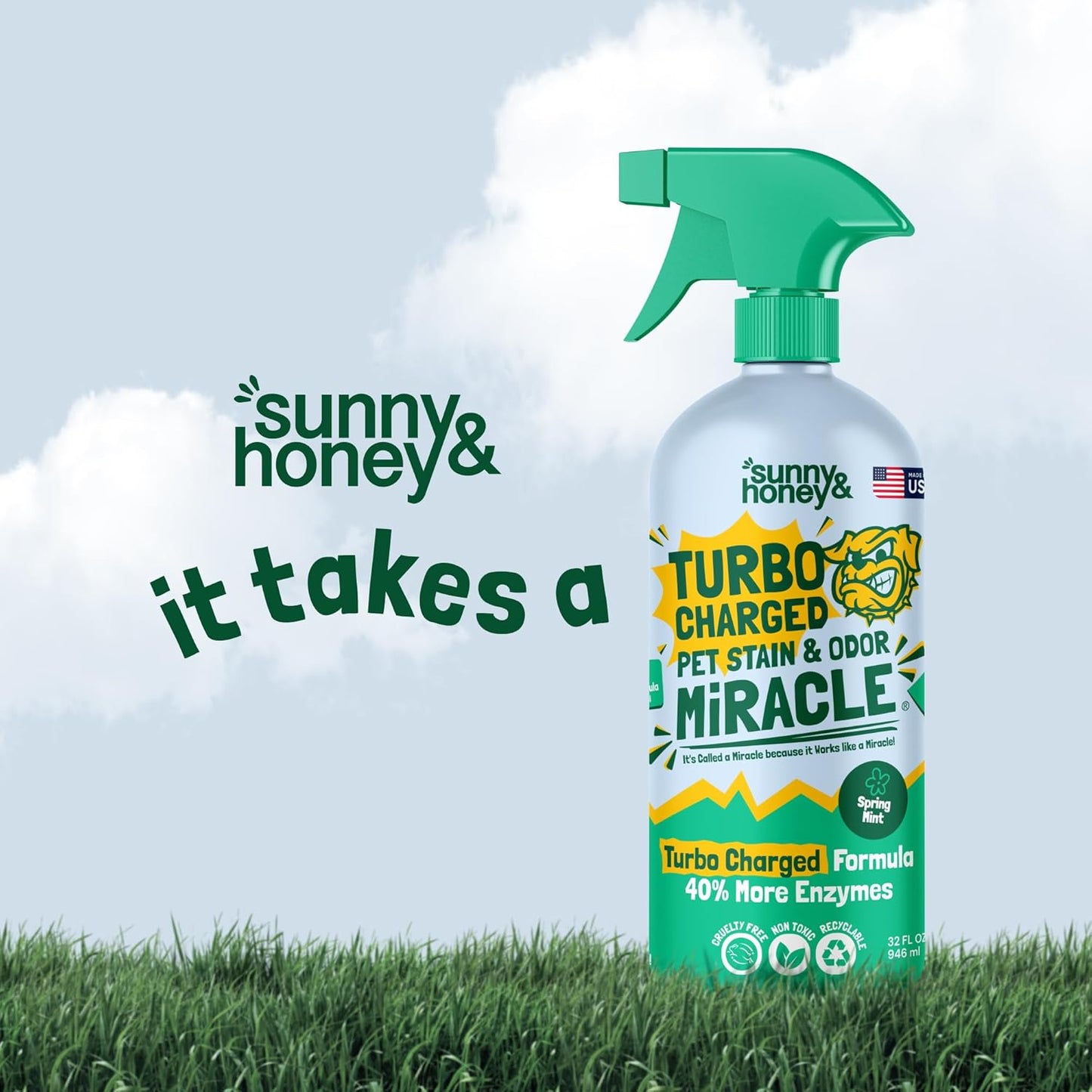 Sunny & Honey Pet Stain & Odor Miracle - Turbo Charged, 32 Fl Oz, Spring Mint - Carpet Shampooer