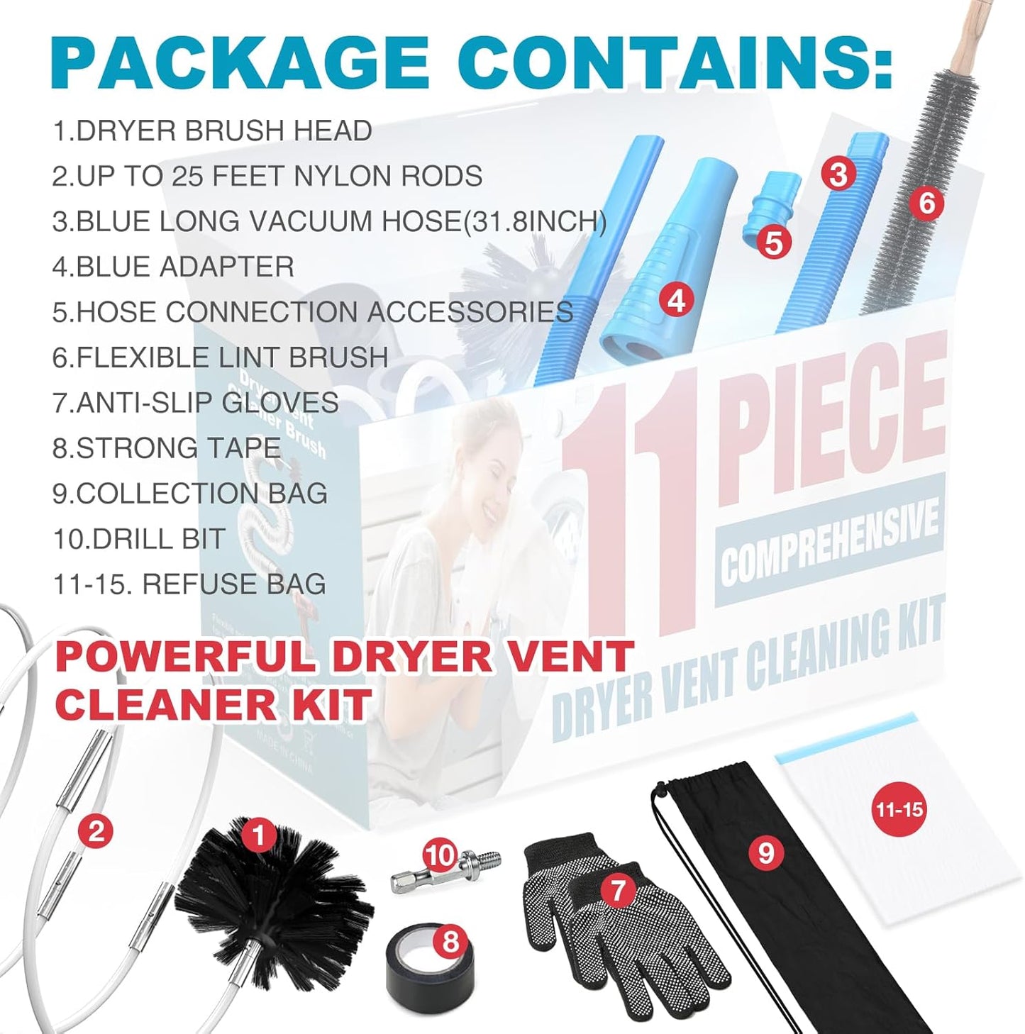 Sealegend 15-Piece 25-Feet Dryer Vent Cleaner Kit, Dryer Cleaning Tools, Omnidirectional Dryer Lint