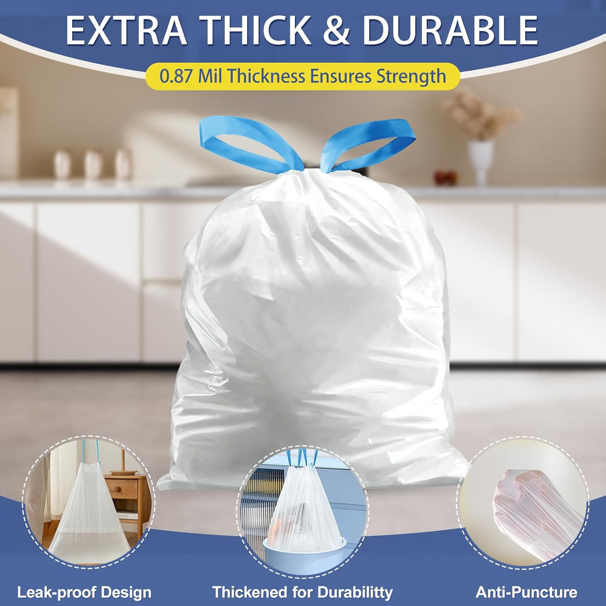 150 Count 6 Gallon Trash Bags Drawstring - 1.1 Mil Heavy Duty Medium Garbage Bags,22.5 Liter Strong
