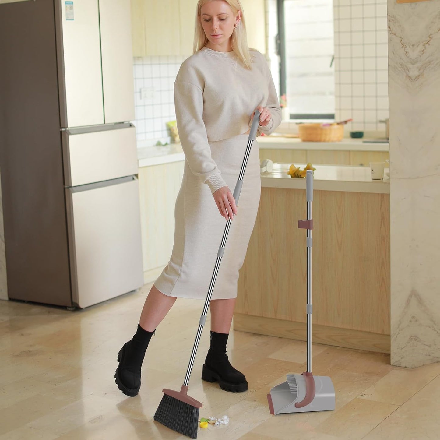 Ivandar Broom with Dustpan Combo Set, 50.6 inch Long Handle, Upright Standing Broom and Dustpan Set