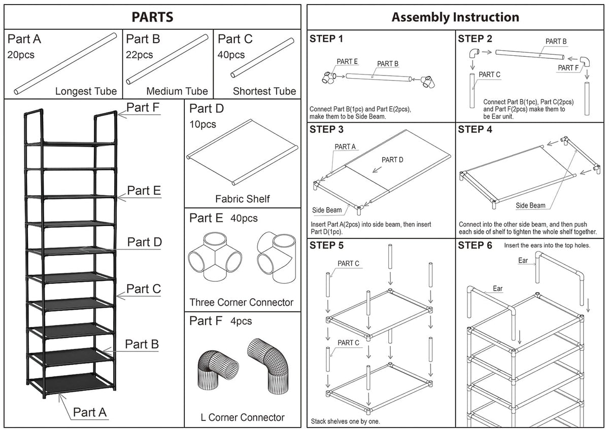 FIDUCIAL HOME 10 Tiers Shoe Rack Organizer 20 Pairs Tall Shoe Shelf