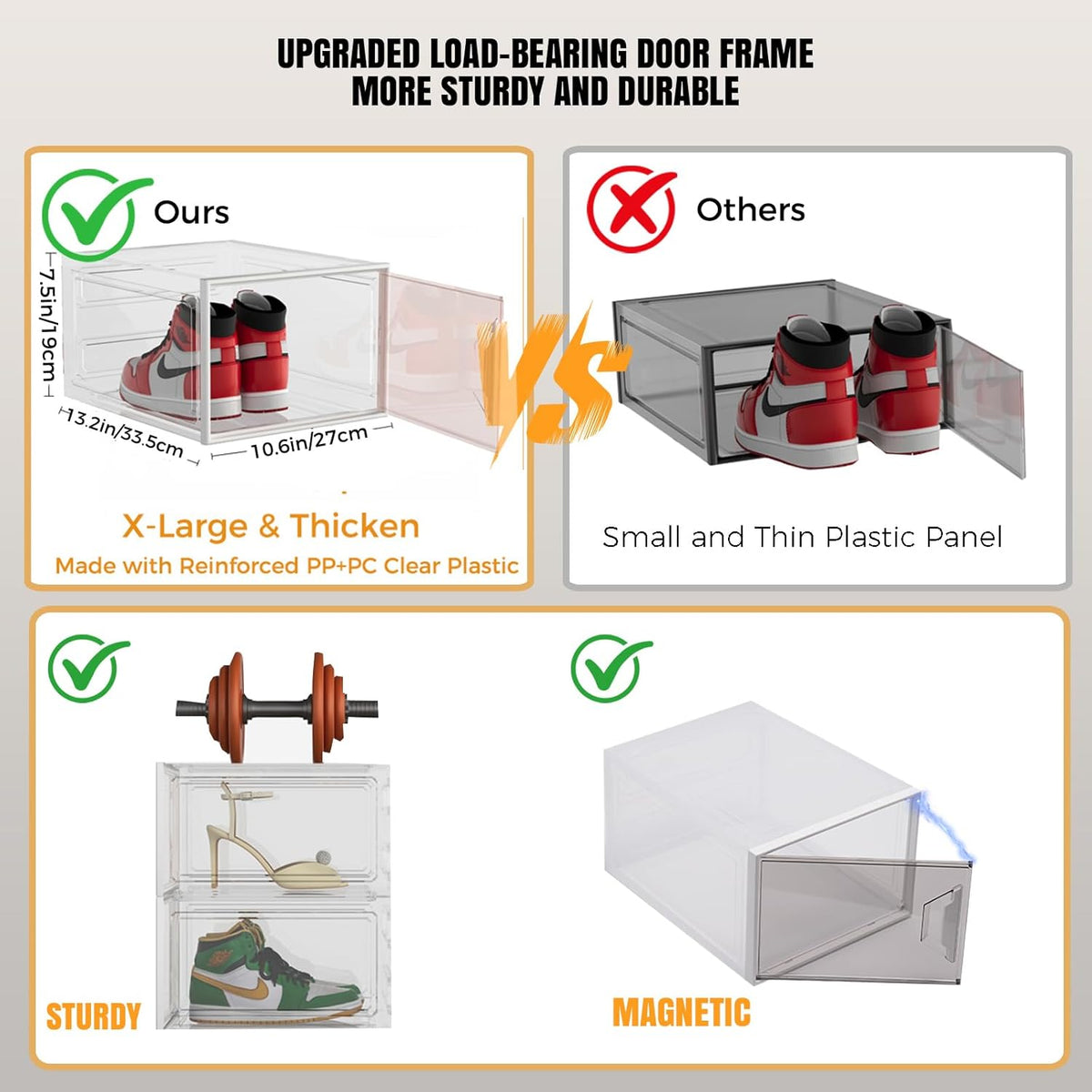 X-Large Stackable Shoe Boxes - Clear Plastic Shoe Storage Boxes with Magnetic Door, Thicken Shoe