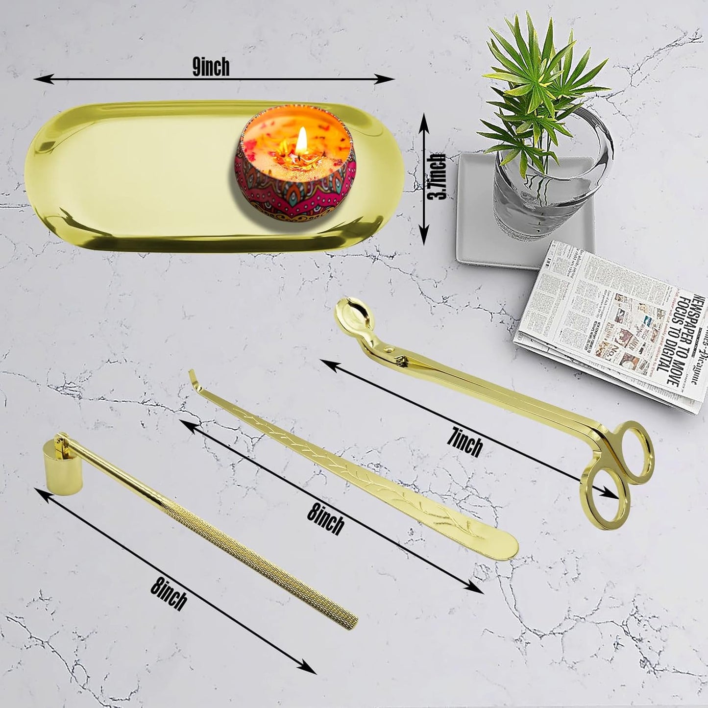 4 in1 Candle Accessory Set with Storage Tray Plate, Candle Wick Trimmer, Candle Wick Snuffer