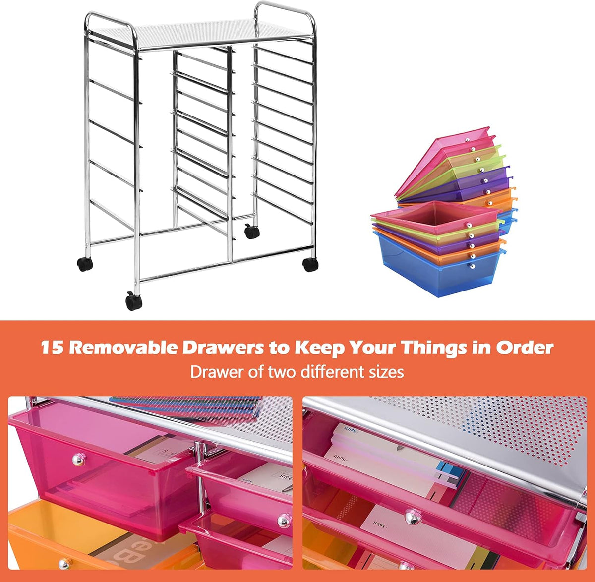 GOFLAME 15-Drawer Rolling Storage Cart, Multipurpose Movable Organizer Cart, Utility Cart for Home