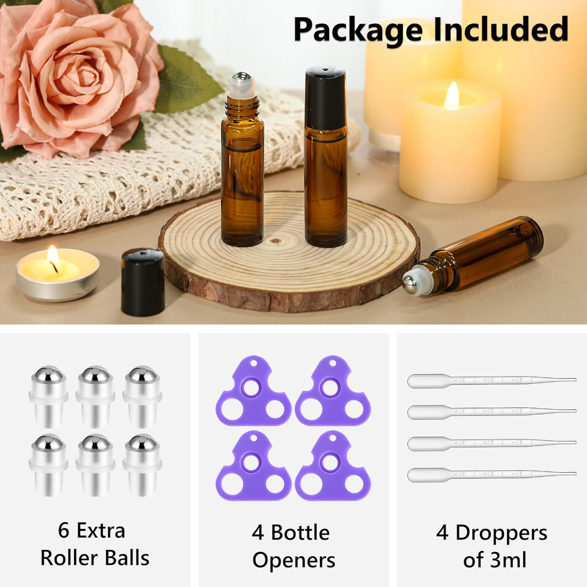 KEYWING 10ml Amber Roller Rottles for Essential Oils - 24PCS Glass Roll on Bottles with Black Caps