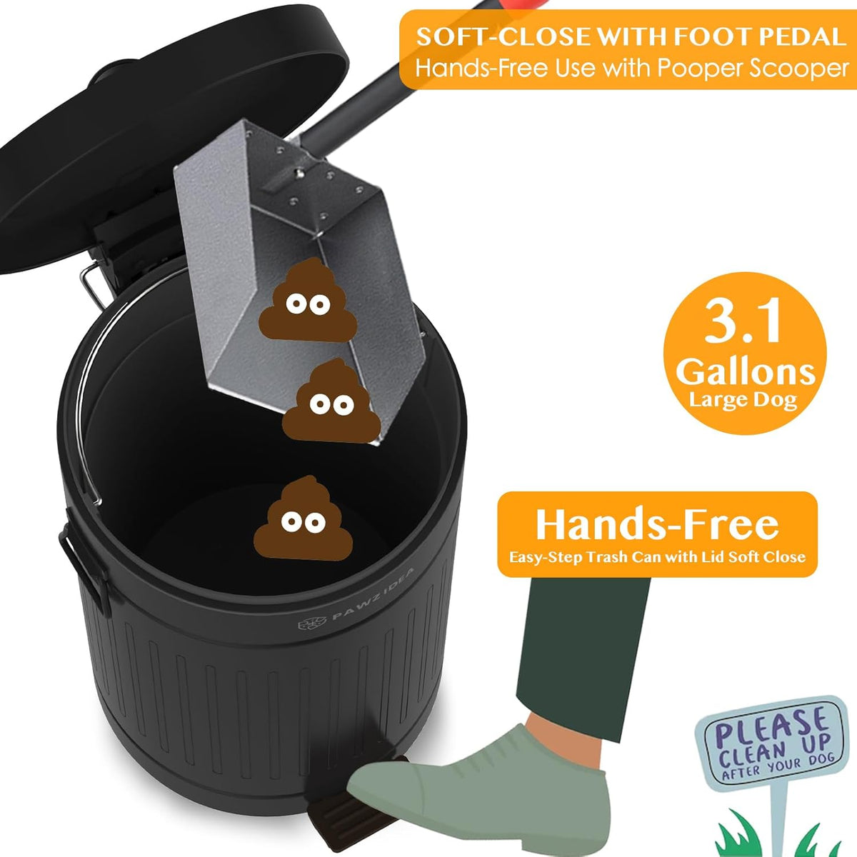 PAWZIDEA Dog Poop Trash Can Outside Odor Control, 3.1 Gallon Outdoor Trash Can with Lid, Waterproof