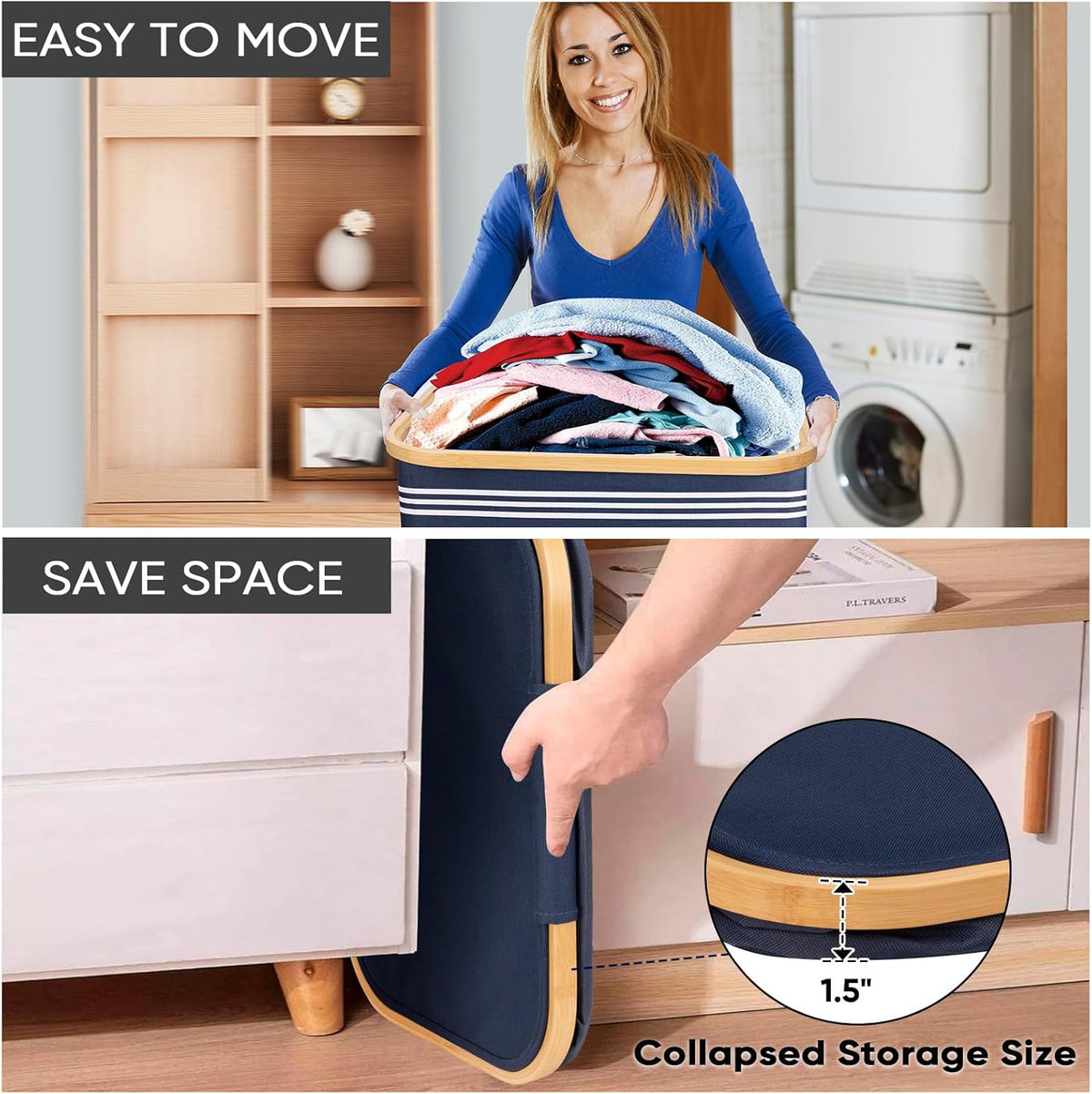 BALEINE Laundry Hamper with Lid, Tall Laundry Baskets with Bamboo Pull Handles, Large Laundry Bin