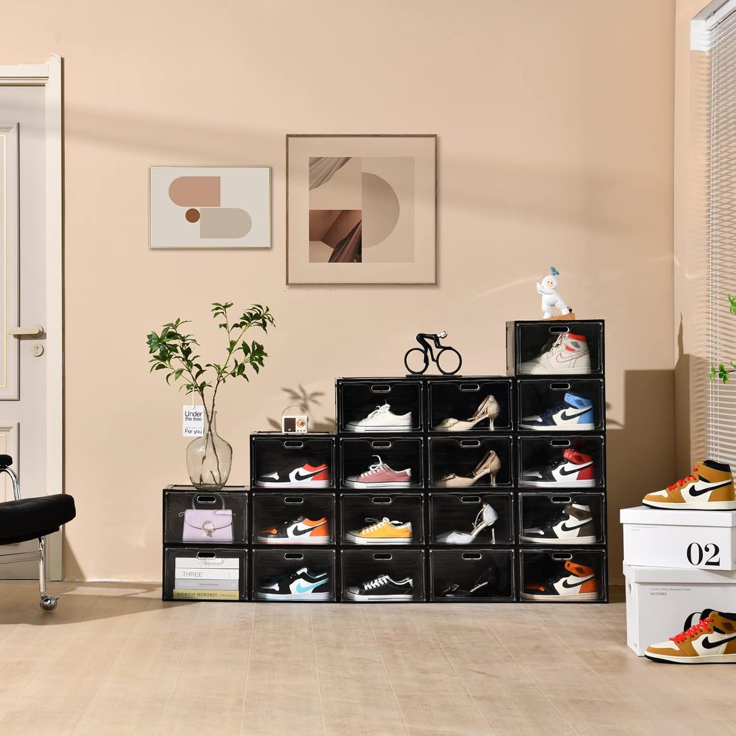 8 Pack Shoe Boxes Black Plastic Stackable, Large Shoe Storage Organizer,Drop Side Front Shoe