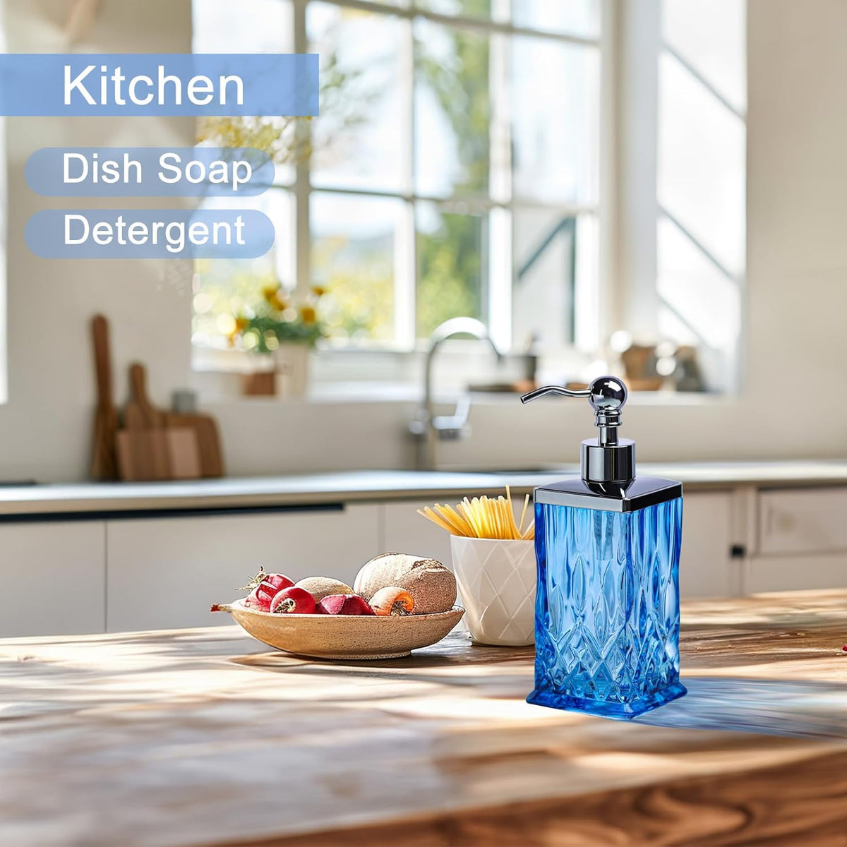 10Oz Diamond Grid Pattern Blue Glass Soap Dispenser with Rust Proof Stainless Steel Pump,Refillable