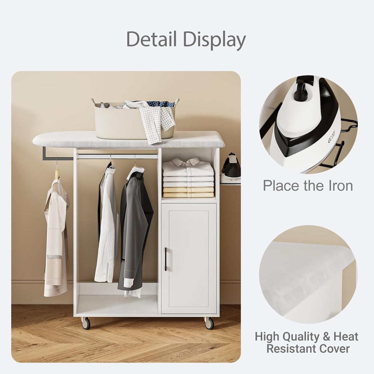 Rolling Ironing Board with Storage Cabinet, Multipurpose Wooden Ironing Cabinet with Wheels