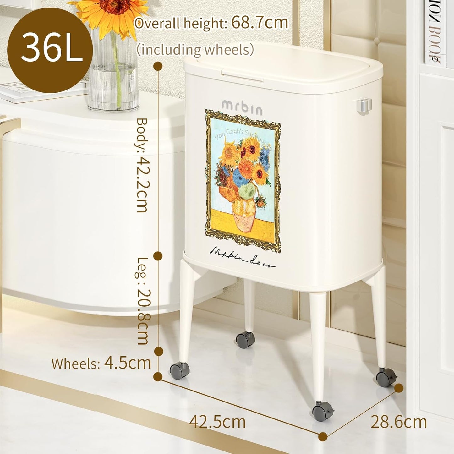MRBIN Metal Kitchen Trash Can with Wheel Legs, 36L / 9.5gal Medium Press Lid Slim Waste Basket, Pet