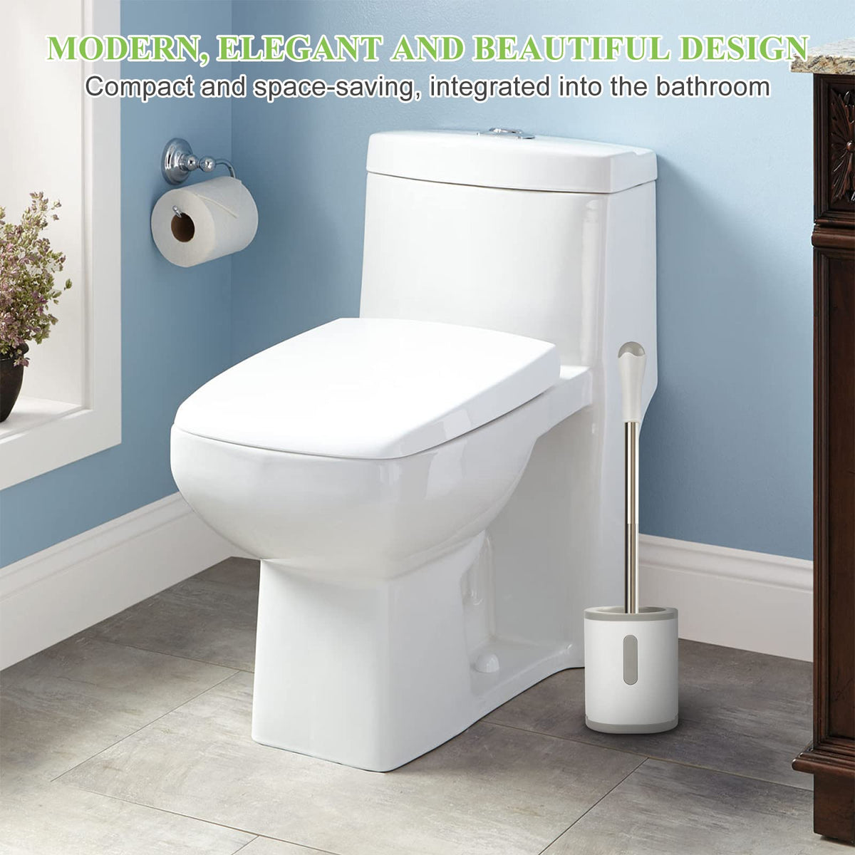 AONEZ Compact Toilet Brush & Holder, Stainless Steel Handle, White & Grey – view 6