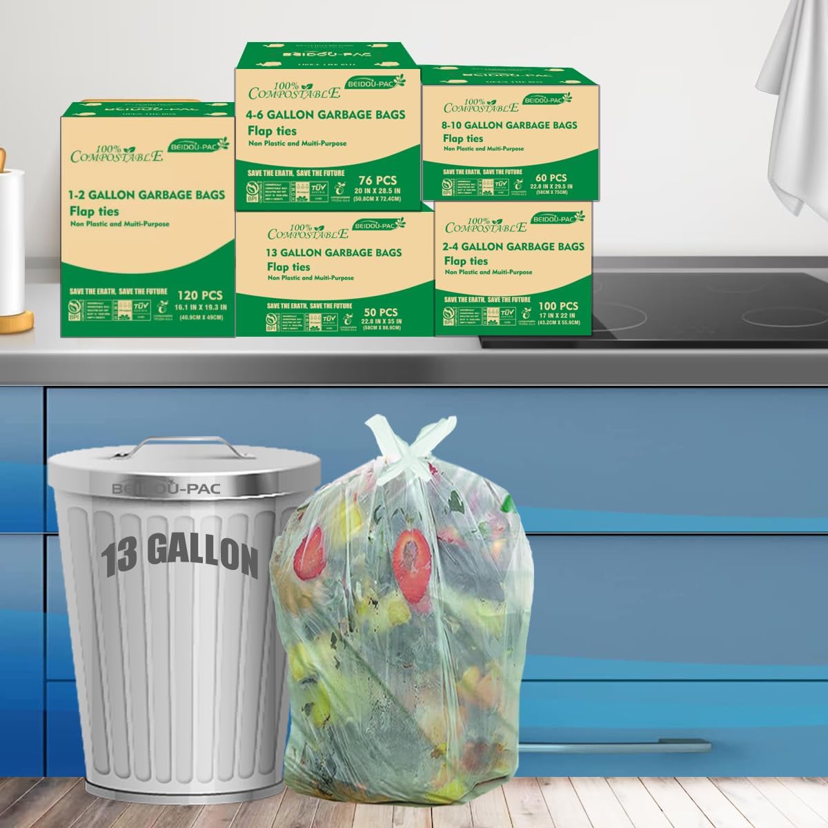13 Gallon Flap Tie Compostable Trash Bags, 50 Count, Compost Bags Tall Kitchen Trash Bags, Sturdy