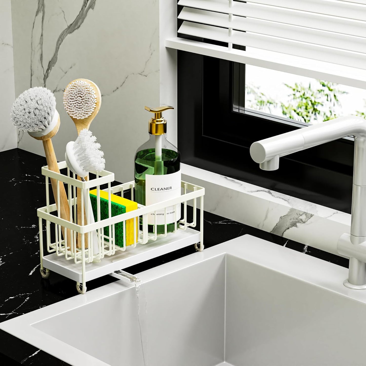 Cisily Cream Sponge Holder for Kitchen Sink, Sink Caddy Organizer with High Brush Holder, Kitchen