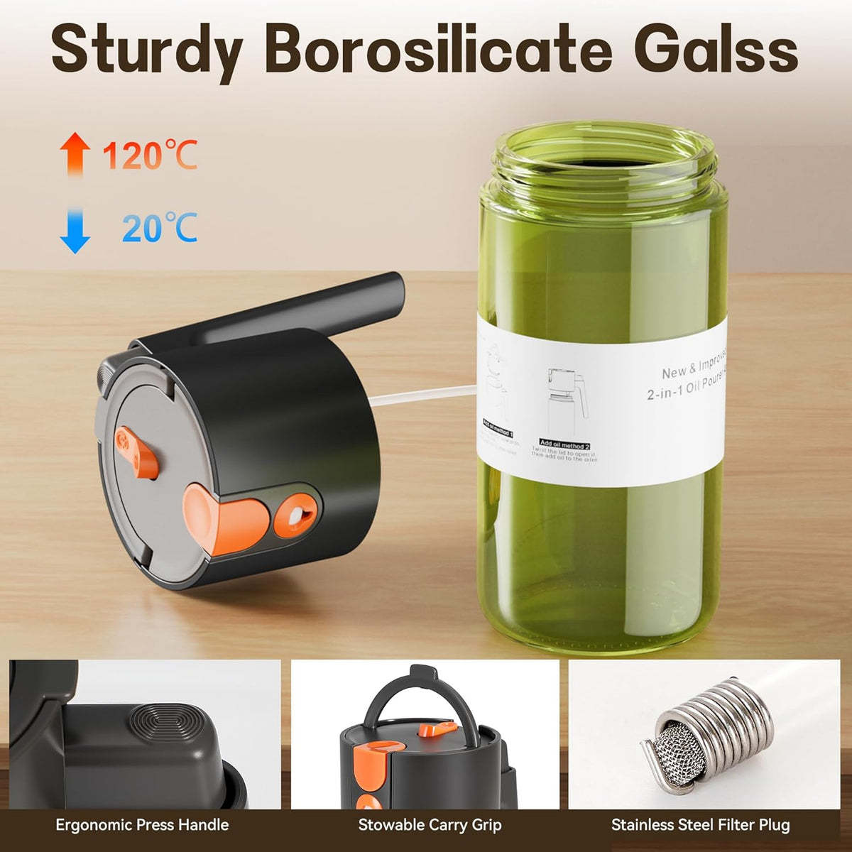 Upgrade 2 in 1 Oil Sprayer for Cooking, 17oz Light-Blocking Glass Olive Oil Dispenser Bottle for