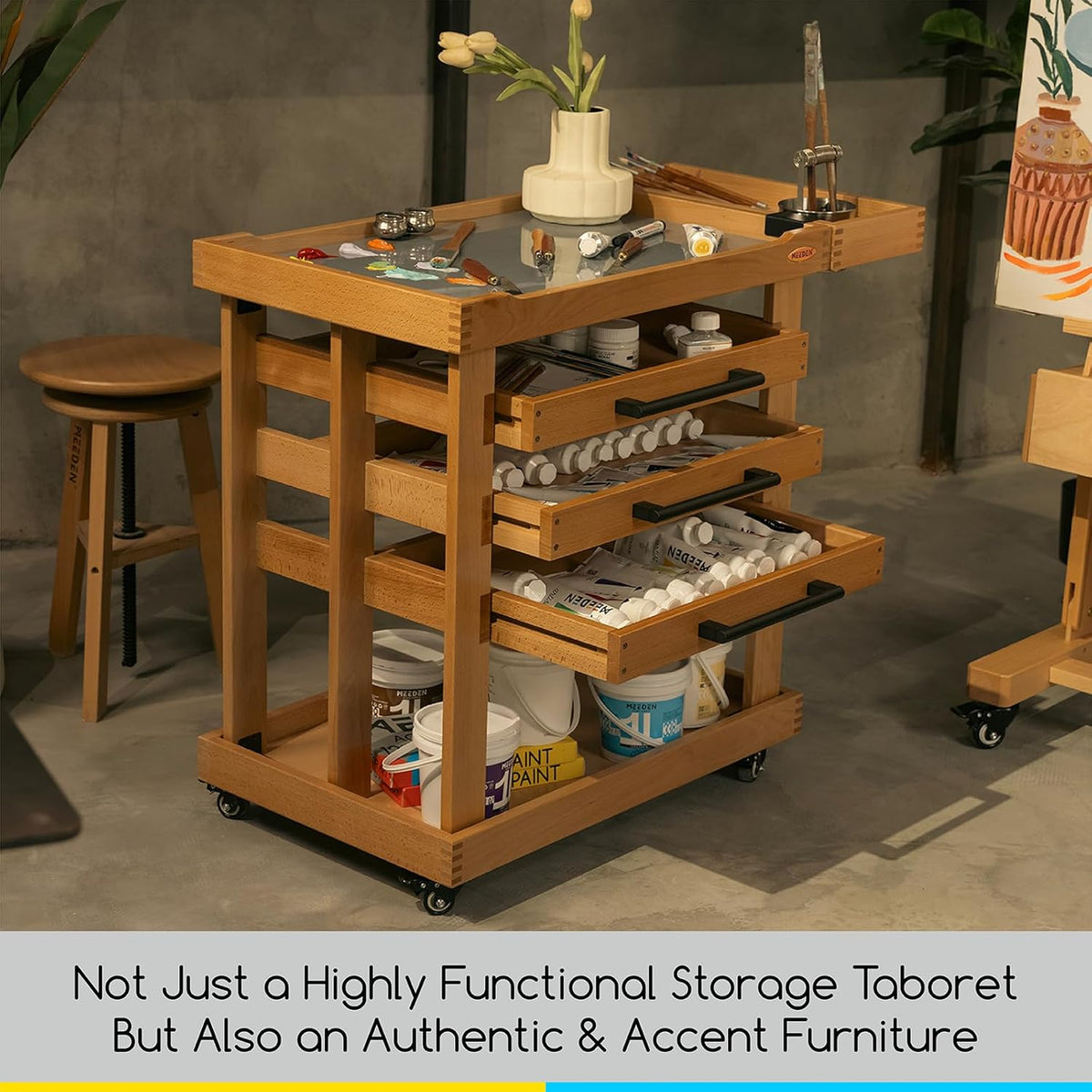 MEEDEN Art Supplies Storage Cart: 5-Tier Solid Beech Wood Utility Rolling Cart with 3 Drawers