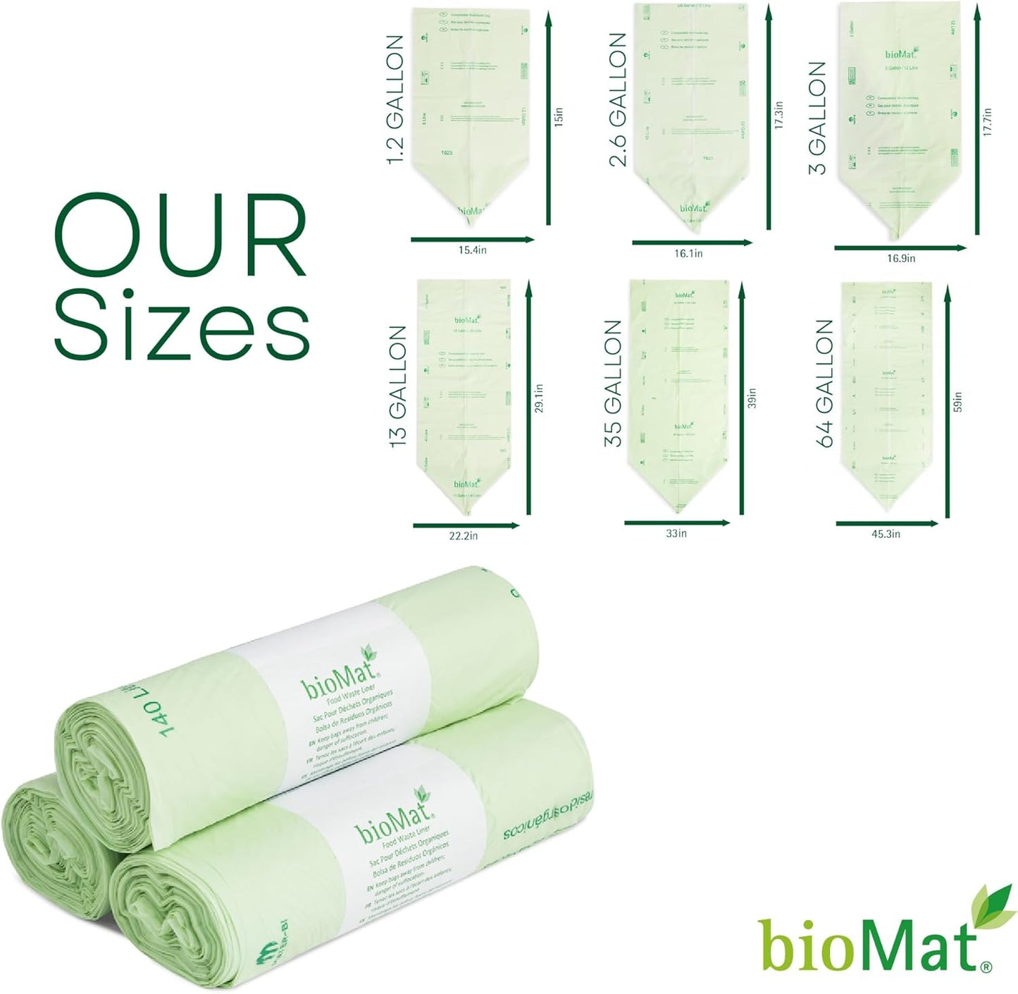bioMat 35 Gallon Compostable Trash Bags for Lining Compost Bins, 10 Count, Biodegradable Trash Bags