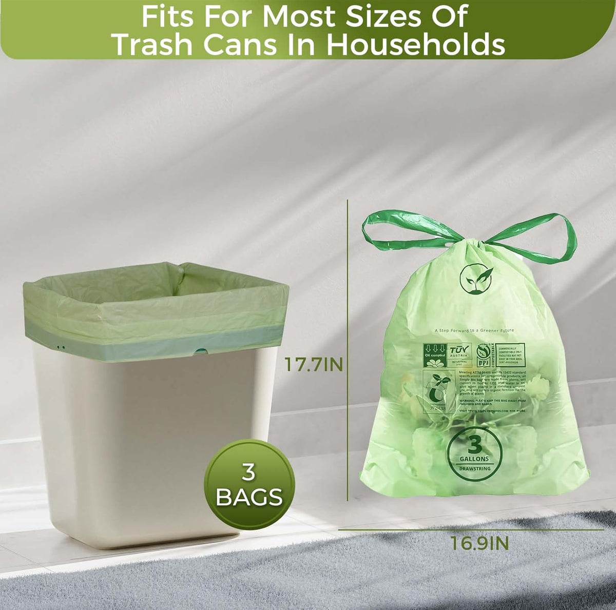 3 Gallon Compostable Trash Bags Drawstring, Heavy Duty Extra Thick 1 Mil, 11.36 Liter, 50 Bags