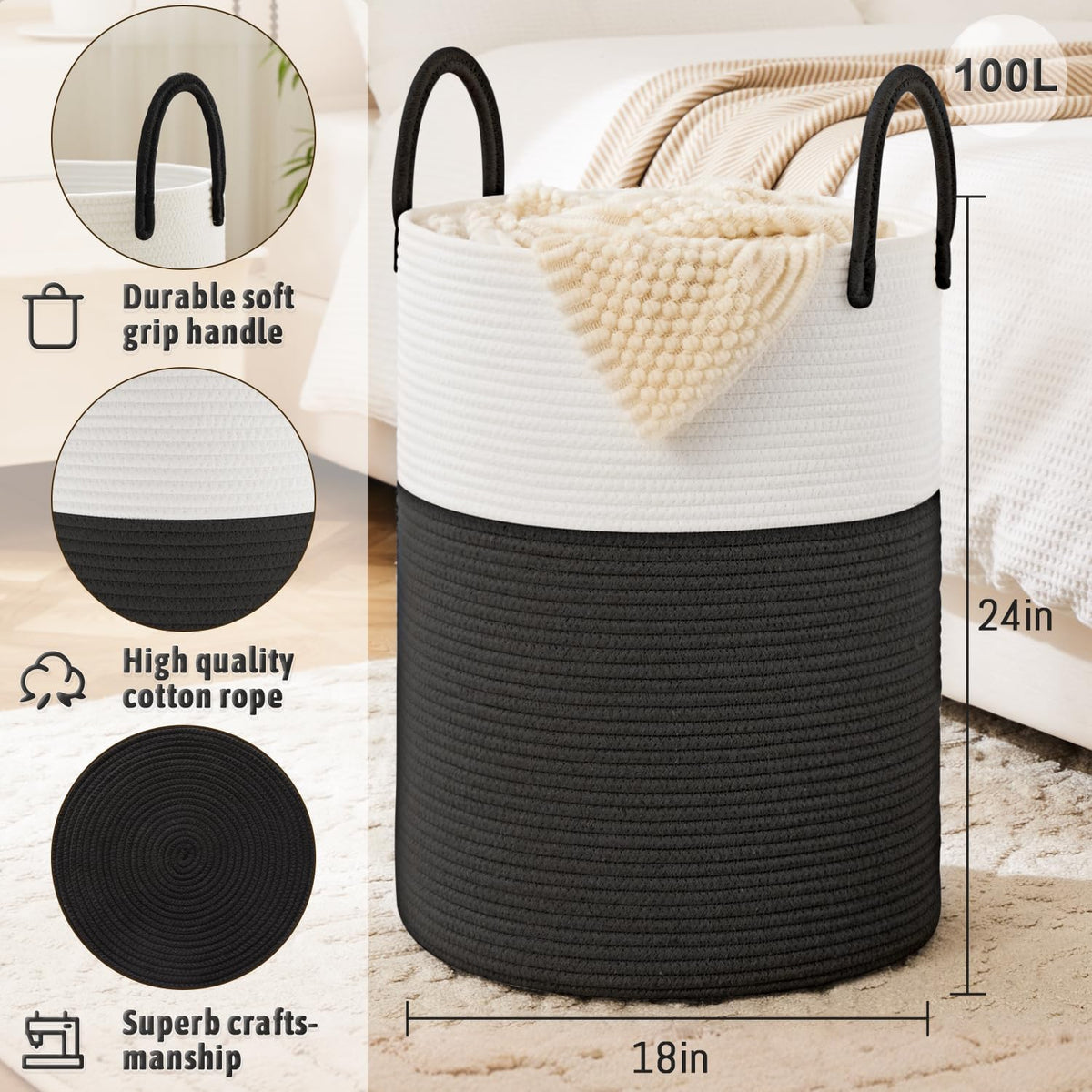 Laundry Basket,Woven Cotton Rope Laundry Hamper,80L for Decorative Storage of Dirty Clothes,Toys