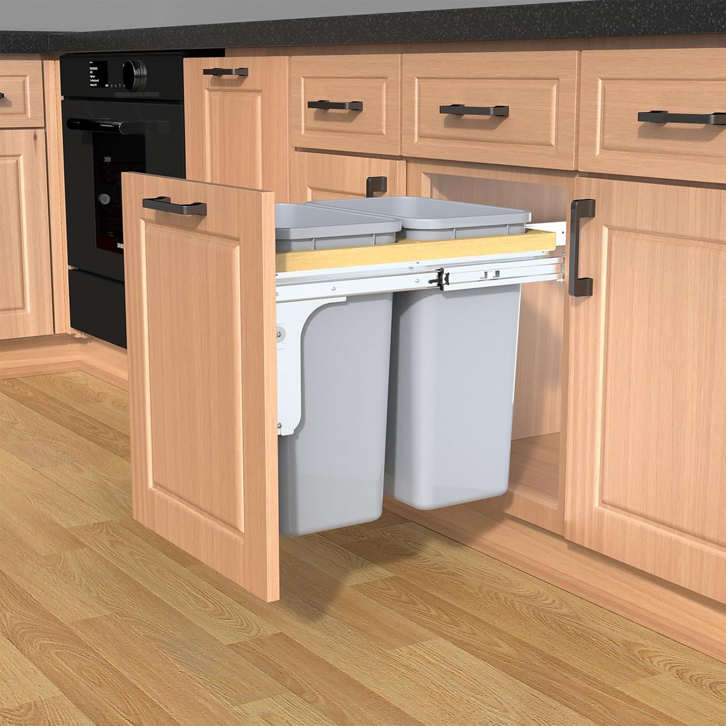 Double Pull Out Under Cabinet Trash Can 35 Qt Garbage Bin for 15" x 1.5" Face Frame, Grey -Only for
