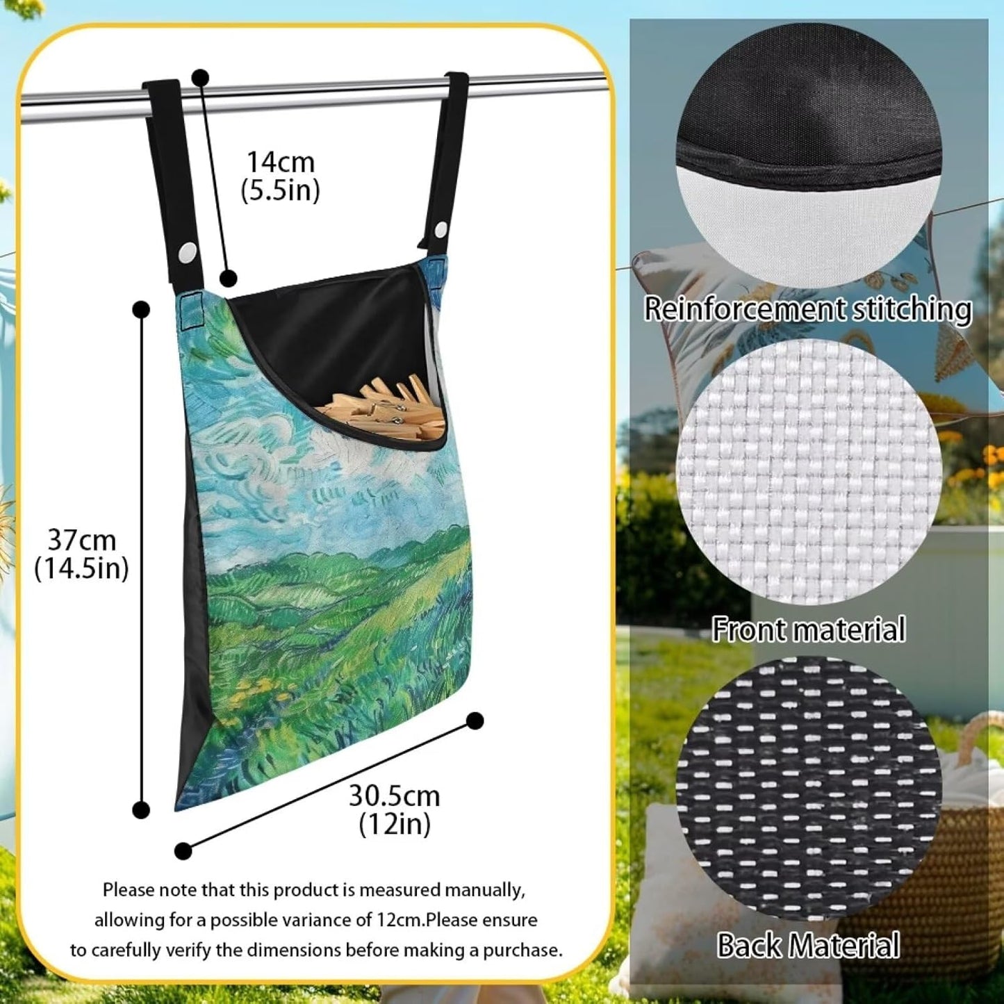 Van Gogh Wheatfield Laundry Clothespin Bags Hanging Storage Organizer 12 x 14.5 Inch Clothes Pin