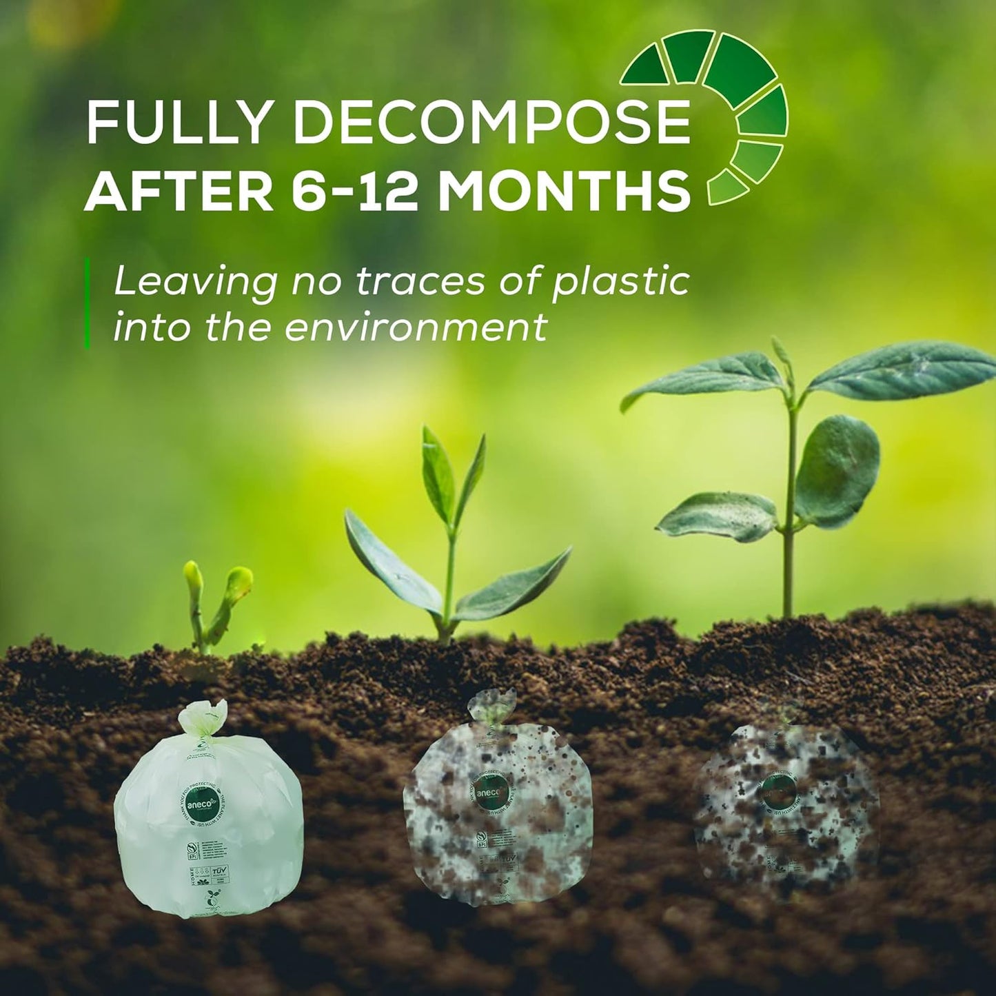 (Include 10 Bonus Bags) ANECO 100% Compostable Waste Bags 2.6 Gallon, Extra Thick Kitchen Small