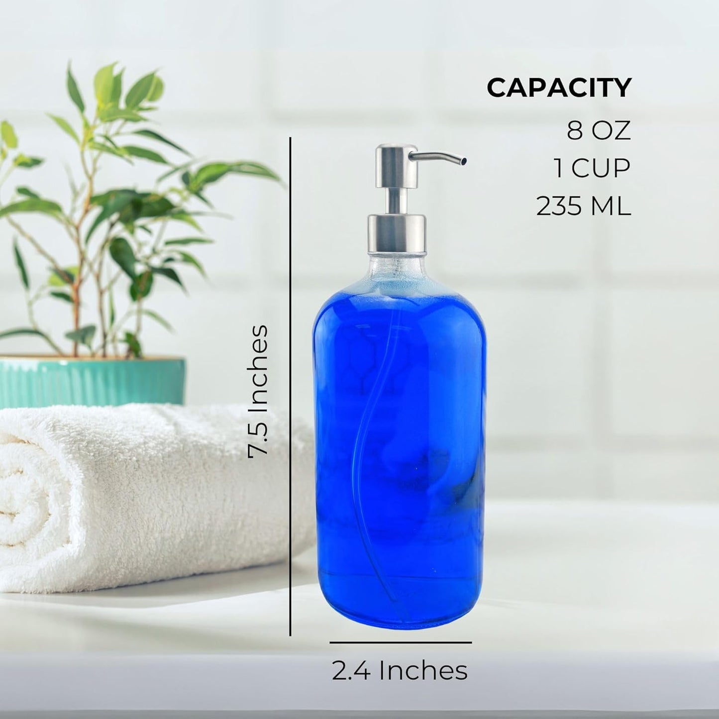Cornucopia Brands 8-Ounce Clear Glass Boston Round Bottles w/Stainless Steel Lotion Pumps (4-Pack);