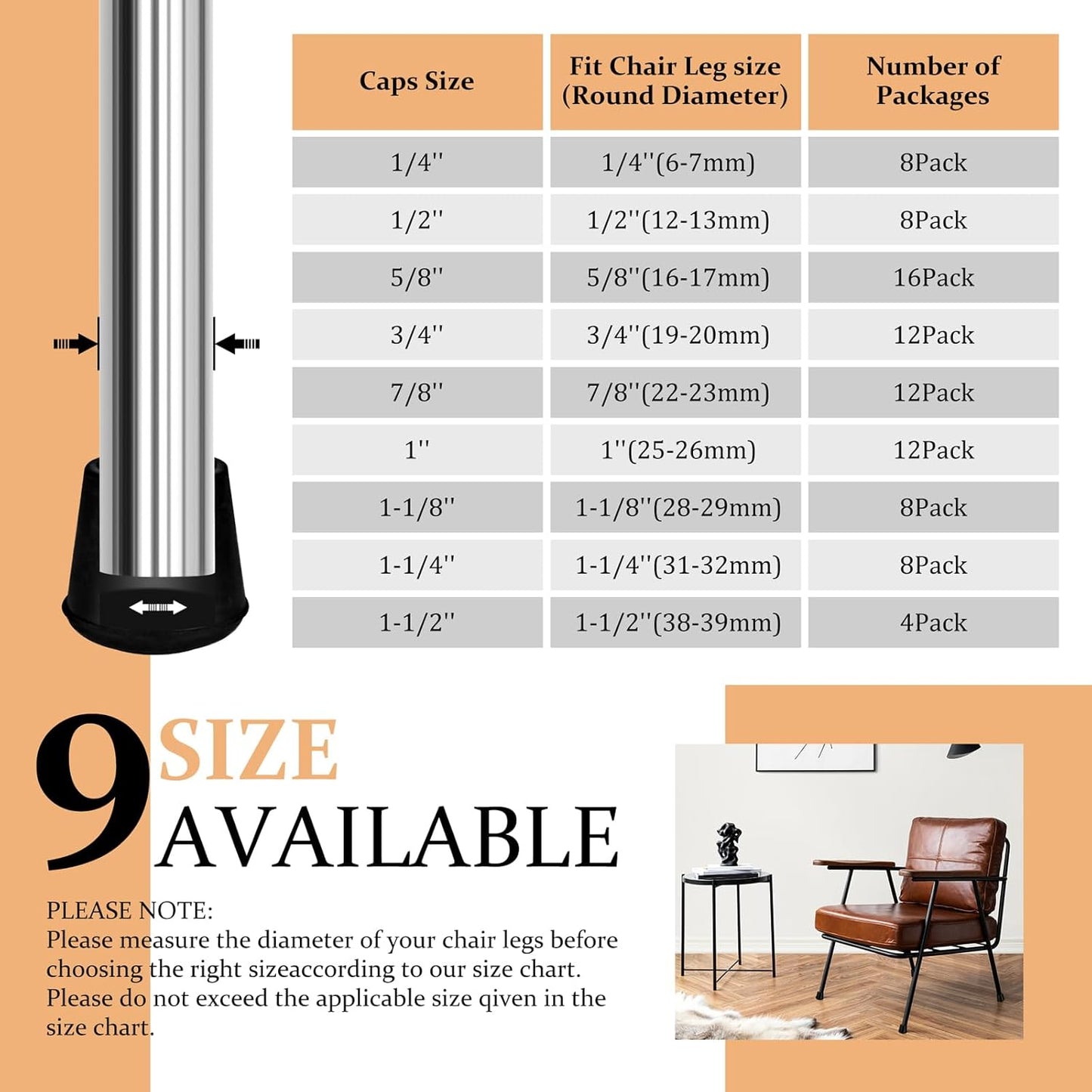 1-1/8” Round Rubber Chair Leg Tips Caps, Chair Leg Floor Protectors, Non-Slip Chairs Legs Caps