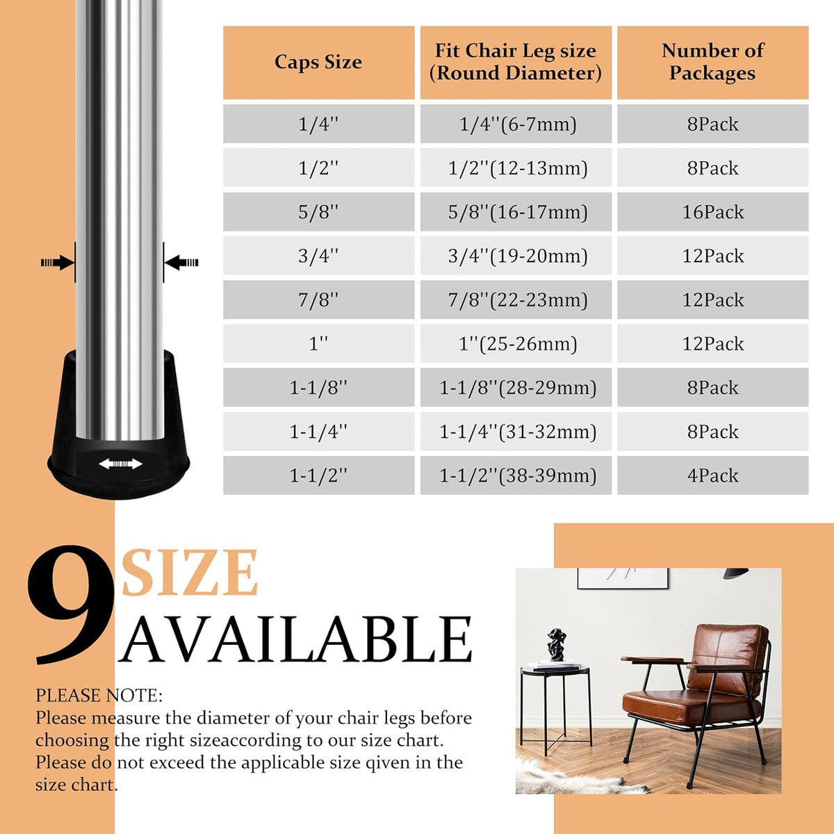 3/4" Round Rubber Chair Leg Tips Caps, Chair Leg Floor Protectors Furniture Legs Caps Non Slip